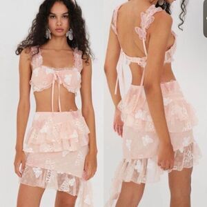 For Love & Lemons Archer Pink Butterfly Applique Lace Ruffle Mini Skirt SZ XL